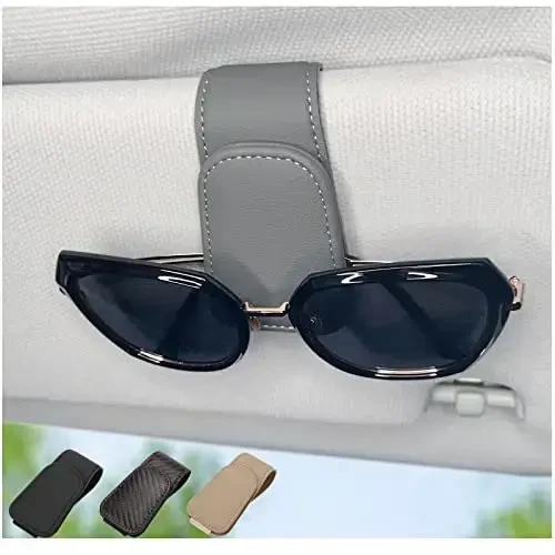 Magnetic Leather Sunglass Holder for Car, Sunglasses Clip for Car Visor, Auto Interior Accessories Universal for Different Size Eyeglasses (Grey) 