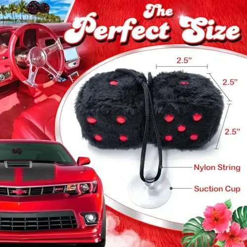 Black Fuzzy Dice for Car - Rear View Mirror Plush Cute Car Accessories for Interior - Auto Rearrview Hanging Ornament Decorations - Cool Classic Retro 1970s Aesthetic Automotive Decor - Black and Red - 3