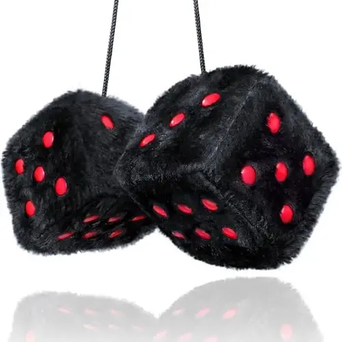 Black Fuzzy Dice for Car - Rear View Mirror Plush Cute Car Accessories for Interior - Auto Rear View Hanging Ornament Decorations - Cool Classic Retro 1970s Aesthetic Automotive Decor - Black and Red - BLACK