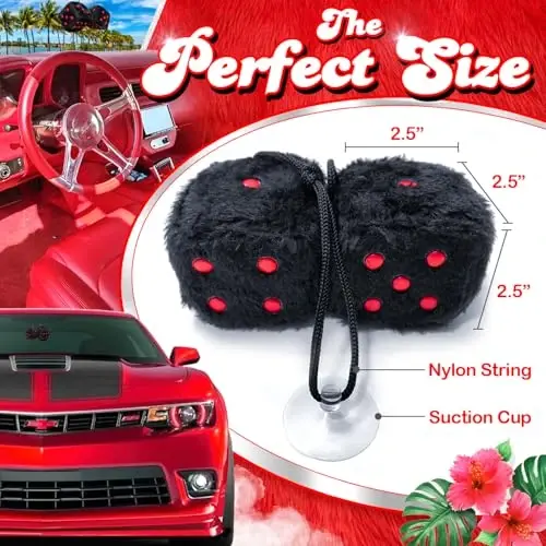 Black Fuzzy Dice for Car - Rear View Mirror Plush Cute Car Accessories for Interior - Auto Rear View Hanging Ornament Decorations - Cool Classic Retro 1970s Aesthetic Automotive Decor - Black and Red - 3
