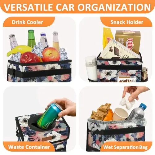 Vankor Car Trash Can with Lid Leak Proof Car Accessories for Women | 2.2 Gallon Cute Hanging Car Trash Bin for Men Car Truck Vehicle Sedan SUV Interior Automotive Garbage Cans, Floral - 1