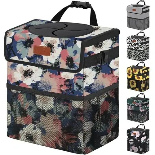 Vankor Car Trash Can for Car Cute, Trash Bag Bin Hanging Waterproof Automotive Garbage Cans Leak Proof Vehicle Trash Can Painting Floral - 1