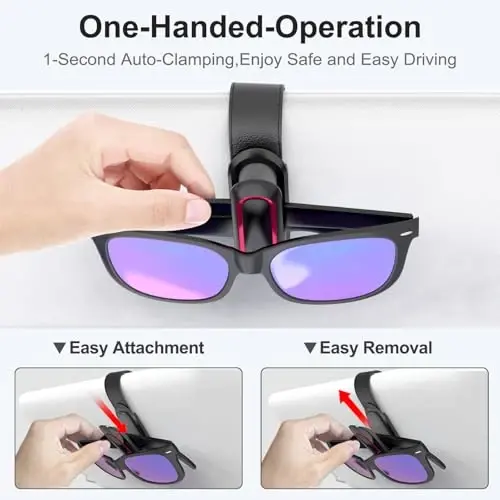 Veharvim Sunglass Holder for Car (One-Handed-Operation, Gentle & Secure Hold, Silicone Padded, Universal Fit, Metal Clip) Visor Sunglass Holder Clip,Visor Sunglass Holder Car (Black, 4 Pack) - VEHARVIM (1)