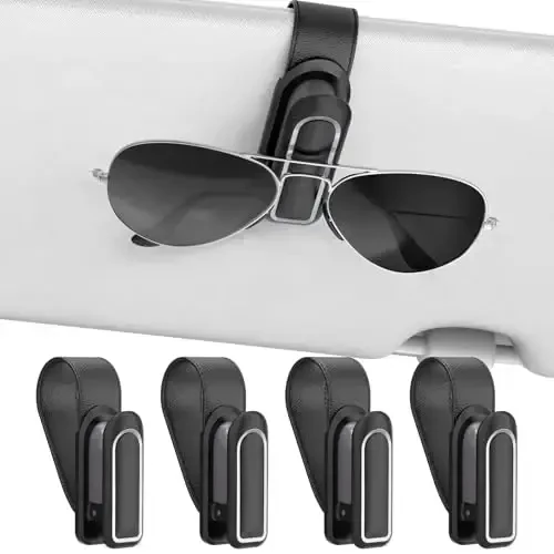 Veharvim Sunglass Holder for Car (One-Handed-Operation, Gentle & Secure Hold, Silicone Padded, Universal Fit, Metal Clip) Visor Sunglass Holder Clip,Visor Sunglass Holder Car (Black & Silver, 4 Pack) - 1