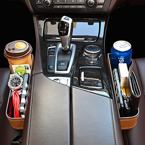 Car Seat Gap Filler Organizer, 2 Pack Multifunctional Car Seat Organizer, Auto Console Side Storage Box with Cup Holders 2 Seat Hooks for Drink, Car Organizer Front Seat for Holding Phone, Sunglasses - 3