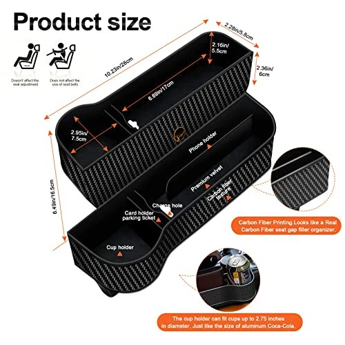 Car Seat Gap Filler Organizer, 2 Pack Multifunctional Auto Console Side Storage Box with Cup Holders 2 Seat Hooks for Drink, Car Organizer Front Seat for Holding Phone, Sunglasses - 3