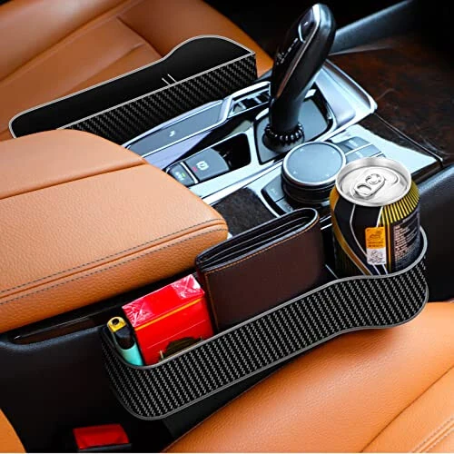 Car Seat Gap Filler Organizer, 2 Pack Multifunctional Auto Console Side Storage Box with Cup Holders 2 Seat Hooks for Drink, Car Organizer Front Seat for Holding Phone, Sunglasses - 4
