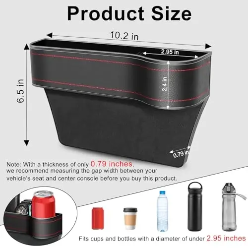 Car Seat Gap Filler Organizer, 2 Pack Multifunctional Car Seat Organizer, Auto Console Side Storage Box with Cup Holders 2 Seat Hooks for Drink, Car Organizer Front Seat for Holding Phone, Sunglasses - 5