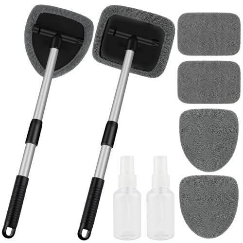 Windshield Cleaner Tool, Car Interior Window Cleaning Tool, Car Wash kit with 4 Reusable Microfiber Pads, 2 Extendable Handle and 2 Spray Bottles, Glass Wiper Kit for Windshield, Home Windows - SINSETU (1)