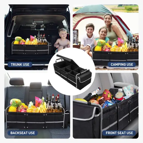 Car Storage Organizer, Collapsible Multi Compartment SUV Trunk Organizer with Leakproof Insulated Bag, Adjustable Securing Straps, Foldable Cover, Trunk Storage Box for Car, SUV, Truck, or Van - 1
