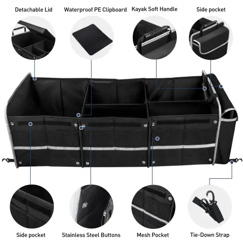 Car Storage Organizer, Collapsible Multi Compartment SUV Trunk Organizer with Leakproof Insulated Bag, Adjustable Securing Straps, Foldable Cover, Trunk Storage Box for Car, SUV, Truck, or Van - 3