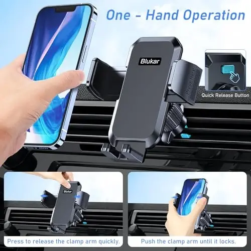 Blukar Car Phone Holder Mount, Super Stable Air Vent Cell Phone Car Mount with 2025 Metal Hook Clip, 360° Rotation,One Button Release for iPhone, Galaxy, Google, and All Other Smartphones - 1