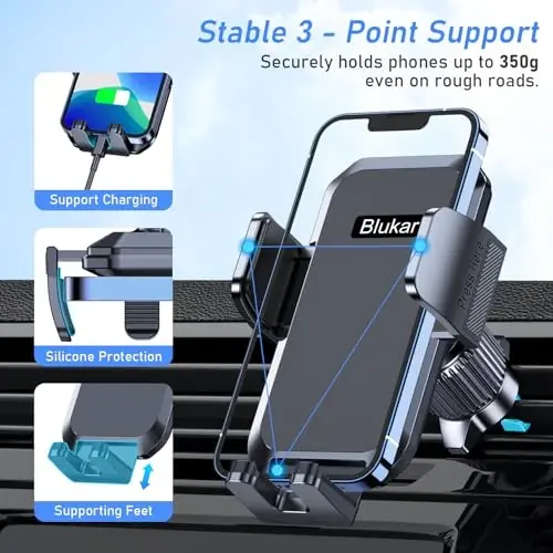 Blukar Car Phone Holder Mount, Super Stable Air Vent Cell Phone Car Mount with 2025 Metal Hook Clip, 360° Rotation,One Button Release for iPhone, Galaxy, Google, and All Other Smartphones - 3