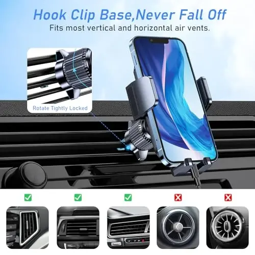 Blukar Car Phone Holder Mount, Super Stable Air Vent Cell Phone Car Mount with 2025 Metal Hook Clip, 360° Rotation,One Button Release for iPhone, Galaxy, Google, and All Other Smartphones - 4