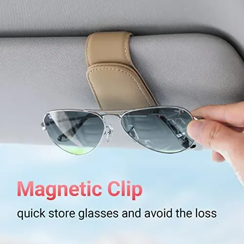 Sunglass Holder for Car Visor Sunglasses Clip Magnetic Leather Glasses Eyeglass Holder Interior Car Accessories for Woman Man - 2 Packs Beige - KANSMART (1)