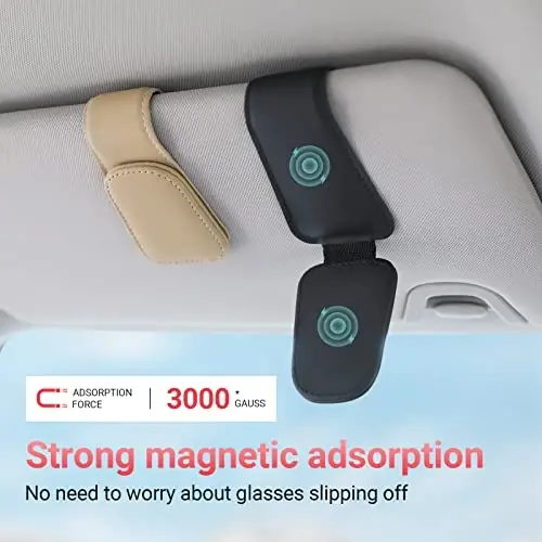 Sunglass Holder for Car Visor Sunglasses Clip Magnetic Leather Glasses Eyeglass Holder Interior Car Accessories for Woman Man - 2 Packs Beige - 5