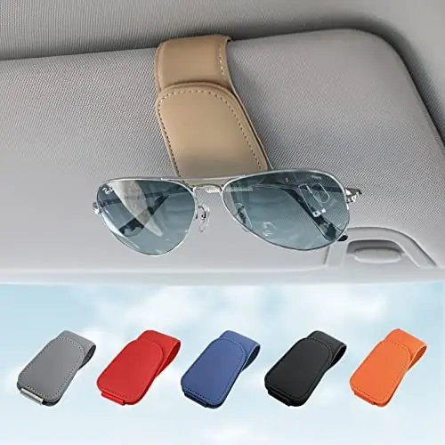 Sunglass Holder for Car Visor Sunglasses Clip Magnetic Leather Glasses Eyeglass Holder Interior Car Accessories for Woman Man - 2 Packs Beige 