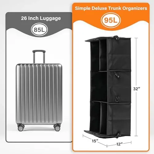 Simple Deluxe Trunk Organizer for Car, 95L Large Capacity, Collapsible Multi Compartment Automotive SUV Accessories, Adjustable Strap & Non Slip Bottom, for Travel/Home/Office, Black Newv - 2