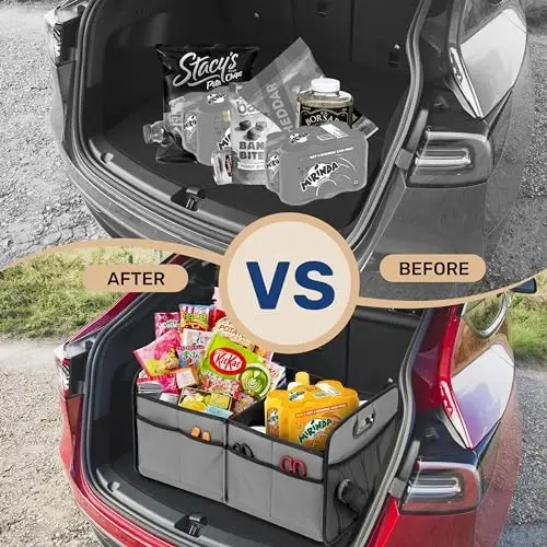 YSSOA Trunk Organizer for Car/SUV/Truck, Collapsible 2 Compartment Automotive Storage Box, 600D Waterproof Oxford Polyester 50L Travel Accessories, Anti-slip & Leak-proof, Grey - 7