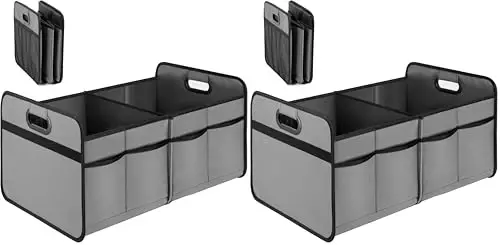 YSSOA Trunk Organizer for Car/SUV/Truck, Collapsible 2 Compartment Automotive Storage Box, 600D Waterproof Oxford Polyester 50L Travel Accessories, Anti-slip & Leak-proof, Grey (Pack of 2) - YSSOA