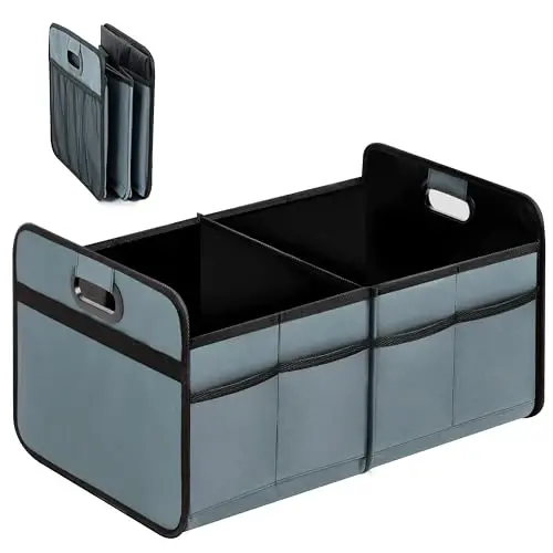YSSOA Trunk Organizer for Car/SUV/Truck, Collapsible 2 Compartment Automotive Storage Box, 600D Waterproof Oxford Polyester 50L Travel Accessories, Anti-slip & Leak-proof, Grey-Green - YSSOA