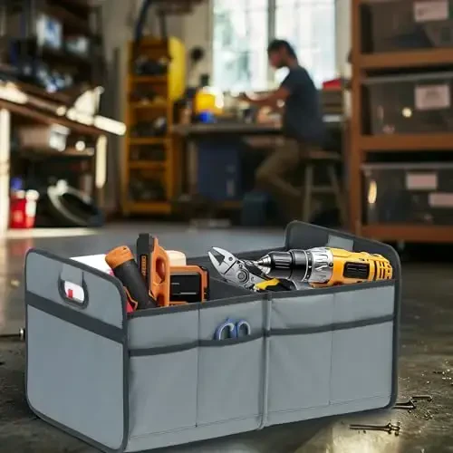 YSSOA Trunk Organizer for Car/SUV/Truck, Collapsible 2 Compartment Automotive Storage Box, 600D Waterproof Oxford Polyester 50L Travel Accessories, Anti-slip & Leak-proof, Grey-Green - YSSOA (1)