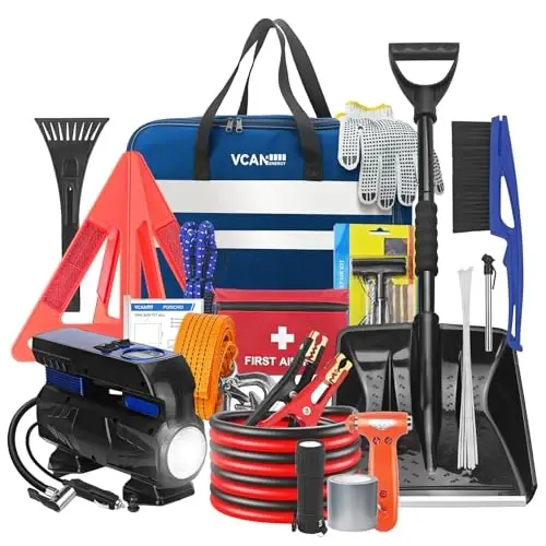 Car Emergency Safety Kit Bag with Digital Air Compressor,Jumper Cables,First Aid Kit, Winter Vehicle Roadside Safety Kit with Detachable Snow Shovel, for Women, Men, Teen - 1