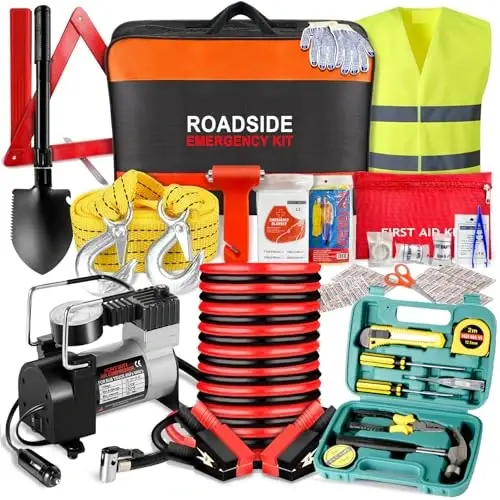 Car Emergency Kit with Air Compressor,Roadside Emergency Car Kit for Vehicles Auto Truck with Jumper Cables,Winter Car Safety Kit with Folding Shovel Car Repair Tool Set First Aid Kit Blanket Tow Rope - Wanderblooms