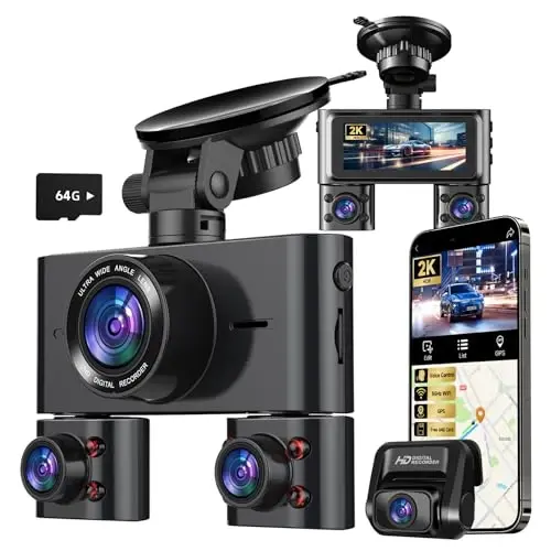 Dash Cam 360°, 4 Channel Camera for Cars Front and Rear Inside, 2K FHD Mini Dashcam, 5G WiFi, GPS, Free 64G Card, Voice Control, WDR, HDR, Night Vision, 24/7 Parking Mode(Upgraded Version V7PLUS) 