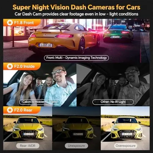 3 Channel 4K Dash Cam Front Rear and Inside with 5G WiFi & APP Control | 4K/2.5K+1080P+1080P Dashcam for Car, Dash Camera with 64GB Card, 24H Parking Monitor, Night Vision, Loop Recording, G-Sensor - 3