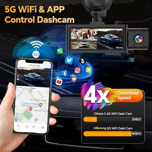 3 Channel 4K Dash Cam Front Rear and Inside with 5G WiFi & APP Control | 4K/2.5K+1080P+1080P Dashcam for Car, Dash Camera with 64GB Card, 24H Parking Monitor, Night Vision, Loop Recording, G-Sensor - 4