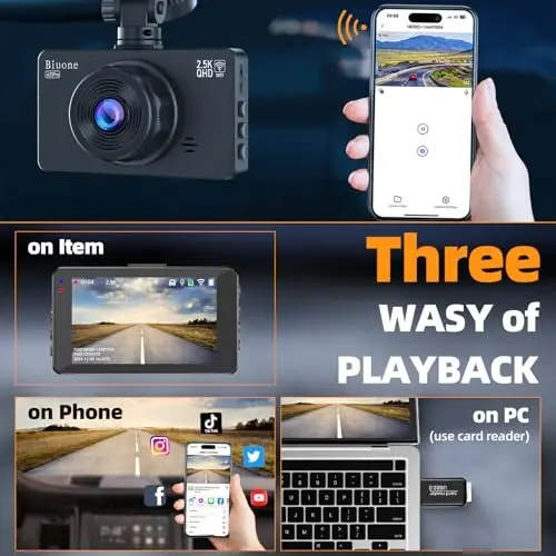Dash Cam Front and Rear Dash Camera WiFi/APP Control Car Camera with 64G Card 2.5K Front Dash Cam+1080P Rear Dashcams with Super Night Vision, Loop Recording, G-Sensor - 5
