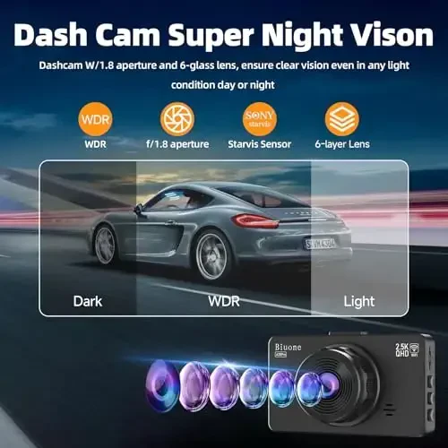 Dash Cam Front and Rear Dash Camera WiFi/APP Control Car Camera with 64G Card 2.5K Front Dash Cam+1080P Rear Dashcams with Super Night Vision, Loop Recording, G-Sensor - 6
