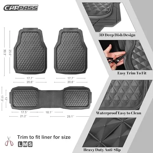 CAR PASS Heavy Duty Charcoal Gray Rubber Car Floor Mats Univeraal Fit, Deep Dish All-Weather Floor Mat for Car, Waterproof Durable Anti-Slip Trim to Fit for SUV Truck Sedan, 3 Piece Full Set Dark Gray - 4