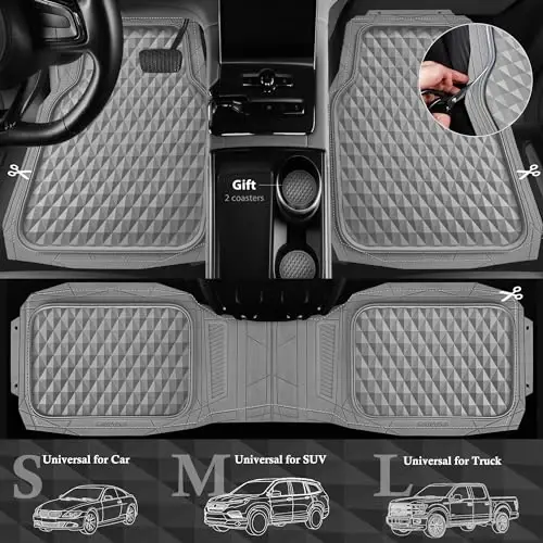 CAR PASS Heavy Duty Rubber Car Mats, Gray Deep Dish All-Weather Car Floor Mat Full Set Durable Anti-Slip 3D Rhombus Waterproof Trim Fit Liner Universal Fit Automotive,Sedan,SUV,Truck, 3 Pcs Light Gray - 3