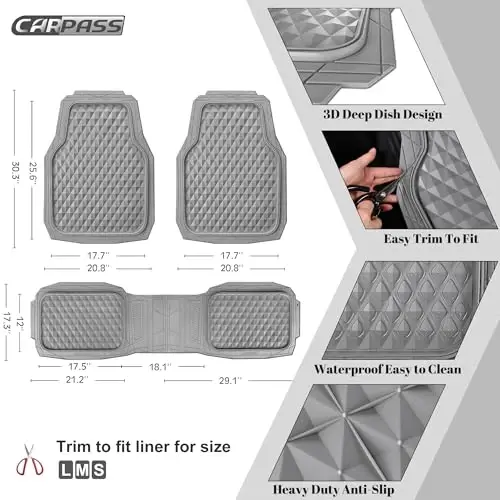 CAR PASS Heavy Duty Rubber Car Mats, Gray Deep Dish All-Weather Car Floor Mat Full Set Durable Anti-Slip 3D Rhombus Waterproof Trim Fit Liner Universal Fit Automotive,Sedan,SUV,Truck, 3 Pcs Light Gray - 5