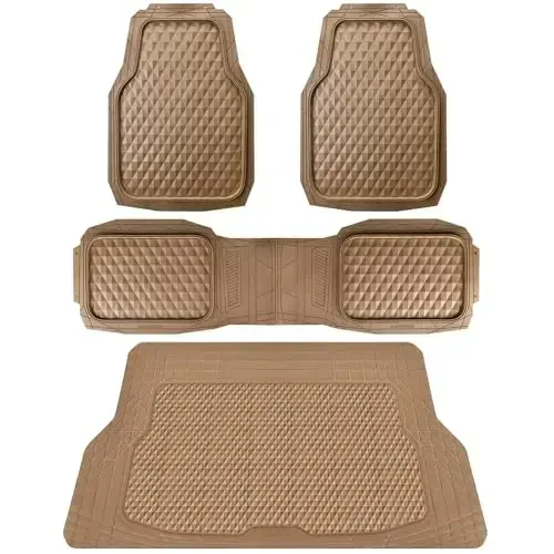 CAR PASS Heavy Duty Rubber Beige Car Floor Mats & Cargo Liners, Deep Dish All-Weather Trunk Mats Durable Anti-Slip 3D Rhombus Waterproof Trim to Fit Liner Universal Fit Auto,Sedan,SUV,Truck, Beige - CAR PASS