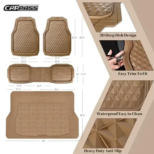 CAR PASS Heavy Duty Rubber Beige Car Floor Mats & Cargo Liners, Deep Dish All-Weather Trunk Mats Durable Anti-Slip 3D Rhombus Waterproof Trim to Fit Liner Universal Fit Auto,Sedan,SUV,Truck, Beige - 4