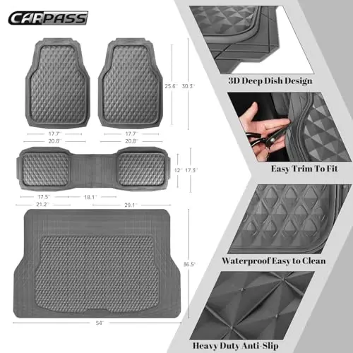 CAR PASS Heavy Duty Rubber Gray Car Floor Mats & Cargo Liners, Deep Dish All-Weather Trunk Mats Durable Anti-Slip 3D Rhombus Waterproof Trim to Fit Liner Universal Fit Auto,Sedan,SUV,Truck, Gray - 4