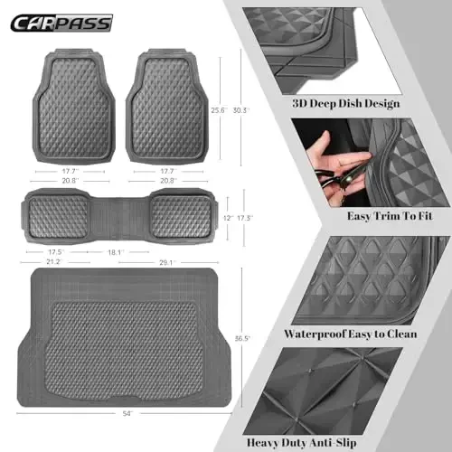 CAR PASS Heavy Duty Rubber Gray Car Floor Mats & Cargo Liners, Deep Dish All-Weather Trunk Mats Durable Anti-Slip 3D Rhombus Waterproof Trim to Fit Liner Universal Fit Auto,Sedan,SUV,Truck, Gray - 4