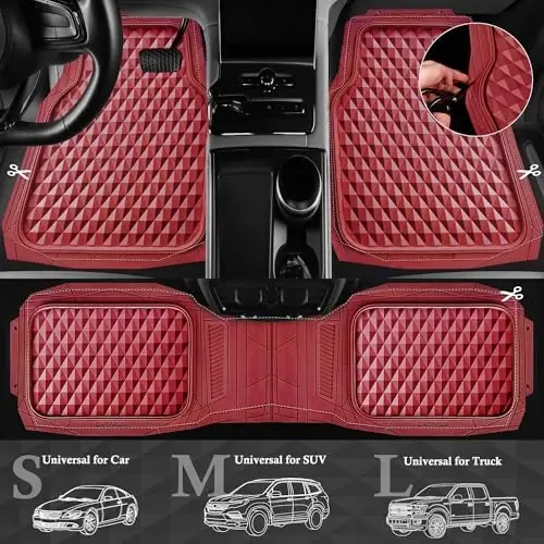CAR PASS Heavy Duty Rubber Red Car Floor Mats & Cargo Liners, Deep Dish All-Weather Trunk Mats Durable Anti-Slip 3D Rhombus Waterproof Trim to Fit Liner Universal Fit Auto,Sedan,SUV,Truck, Burgundy - 3