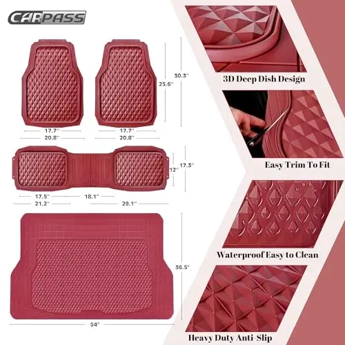 CAR PASS Heavy Duty Rubber Red Car Floor Mats & Cargo Liners, Deep Dish All-Weather Trunk Mats Durable Anti-Slip 3D Rhombus Waterproof Trim to Fit Liner Universal Fit Auto,Sedan,SUV,Truck, Burgundy - 5