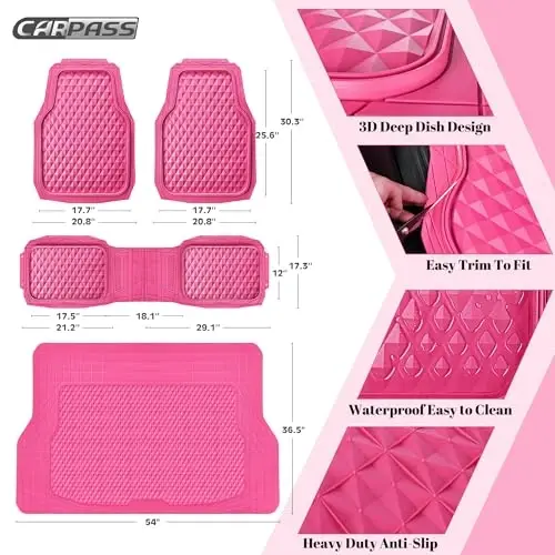 CAR PASS Heavy Duty Rubber Hot Pink Car Floor Mats & Cargo Liners, Deep Dish All-Weather Trunk Mats Durable Anti-Slip 3D Rhombus Waterproof Trim to Fit Liner Universal Fit Auto,Sedan,SUV,Truck, Pink - 5