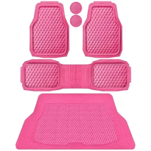CAR PASS Heavy Duty Rubber Hot Pink Car Floor Mats & Cargo Liners, Deep Dish All-Weather Trunk Mats Durable Anti-Slip 3D Rhombus Waterproof Trim to Fit Liner Universal Fit Auto,Sedan,SUV,Truck, Pink 