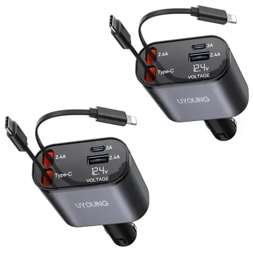 Car Phone Charger Adapter 2Pack Retractable Car Charger 4in1 Fast Charging Dual Retractable Cables 31.5 Inch Multiple Ports Charging Station Compatible with iPhone 17/16/15/14/13/12/11 Pro Max/Samsung 