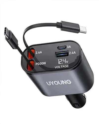 Car Phone Charger Retractable Car Charger 4 in 1 Fast Charger 30W Double USB Type C Retractable Cables 31.5 Inch and 2 USB Ports Car Charger Adapter for iPhone 17/16/15/14/13/12,Samsung,Pixel,iPad - 1