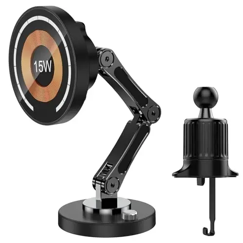 Car Phone Holder Mount, 15W Wireless Charger for Car - Magnetic Phone Holder with Adjustable Arm, 360 Rotation Universal Dashboard Mount for iPhone Samsung - 1