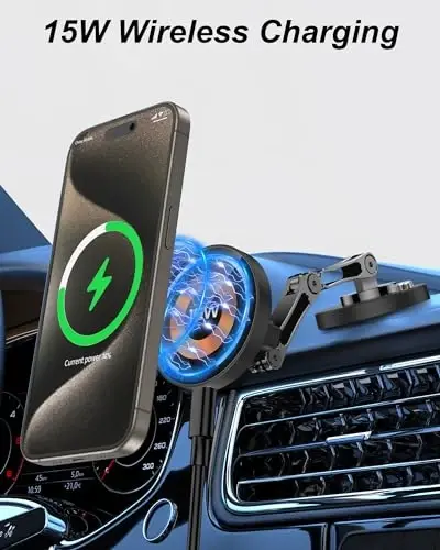 Car Phone Holder Mount, 15W Wireless Charger for Car - Magnetic Phone Holder with Adjustable Arm, 360 Rotation Universal Dashboard Mount for iPhone Samsung - 3