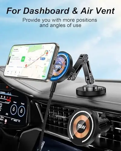 Car Phone Holder Mount, 15W Wireless Charger for Car - Magnetic Phone Holder with Adjustable Arm, 360 Rotation Universal Dashboard Mount for iPhone Samsung - iAXBi (1)