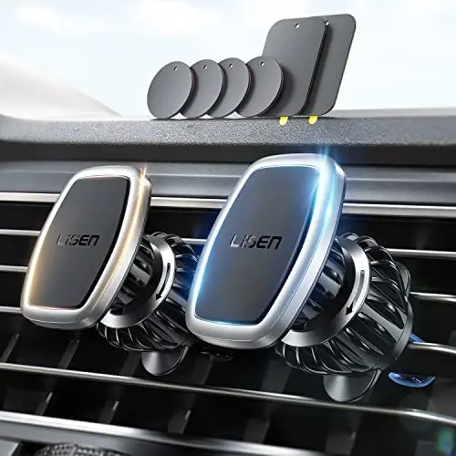LISEN 2 Pack Magnetic Phone Holder for Your Car - 6 Military Magnets Vent Cell Phone Mount (Silver) - 1